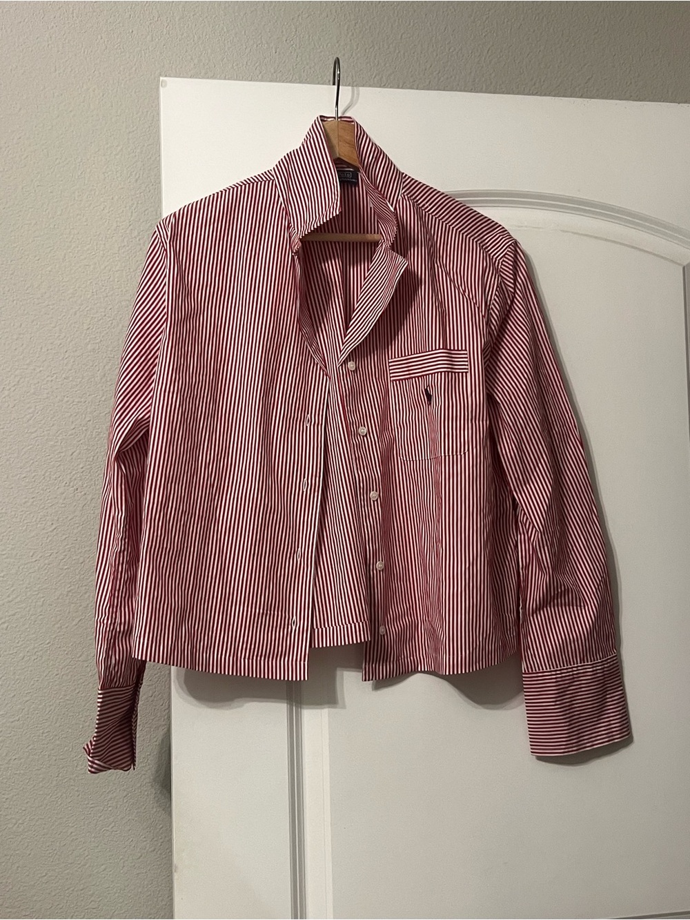 Cropped Ralph Lauren Red & White Striped Button-Up Shirt